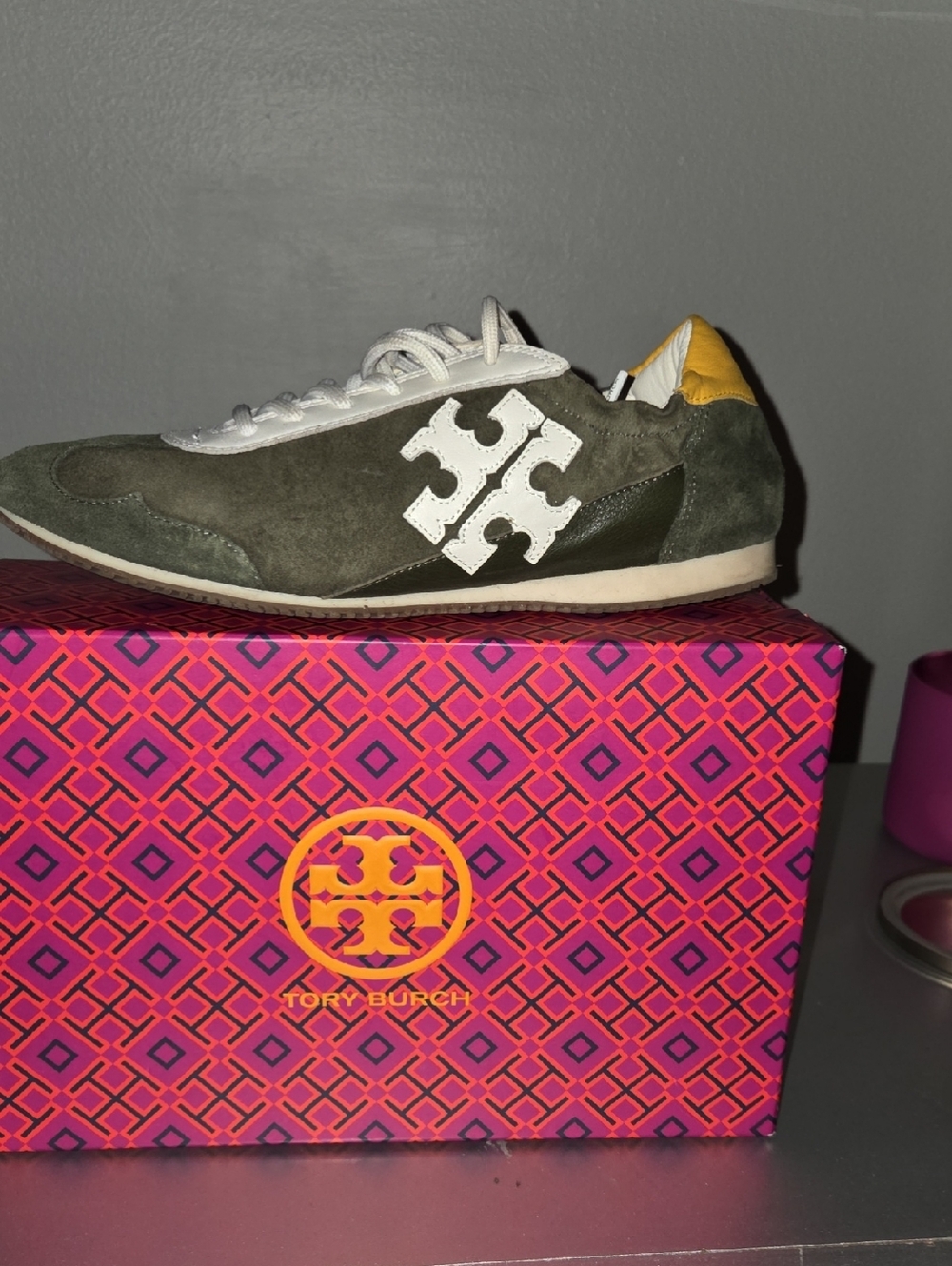 Tory Burch Olive Green Suede Sneaker with White Logo and Yellow Heel